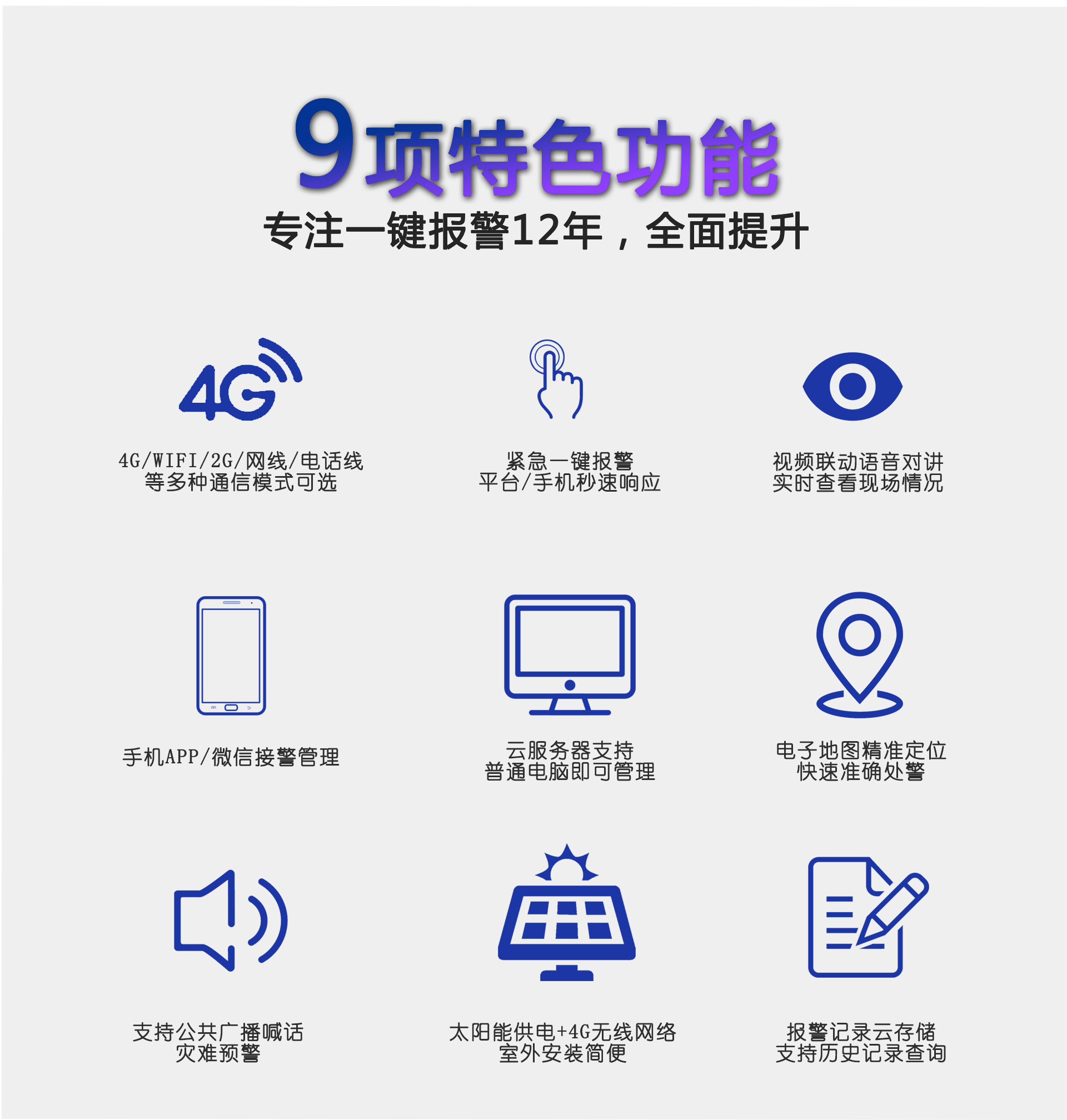 一鍵視頻報警，多項特色功能